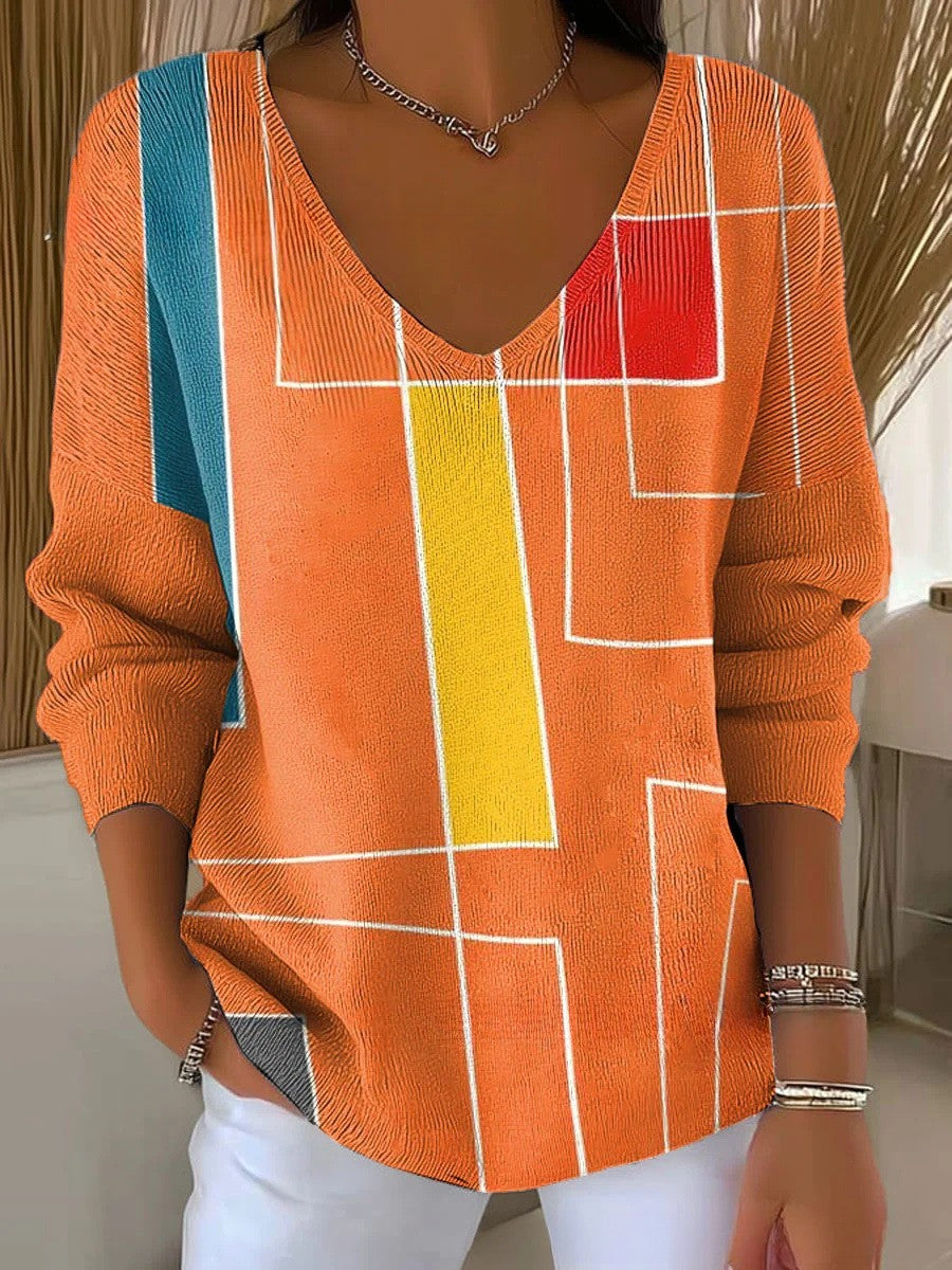 Henessy – Geometric Colorblock V-Neck Blouse for Women