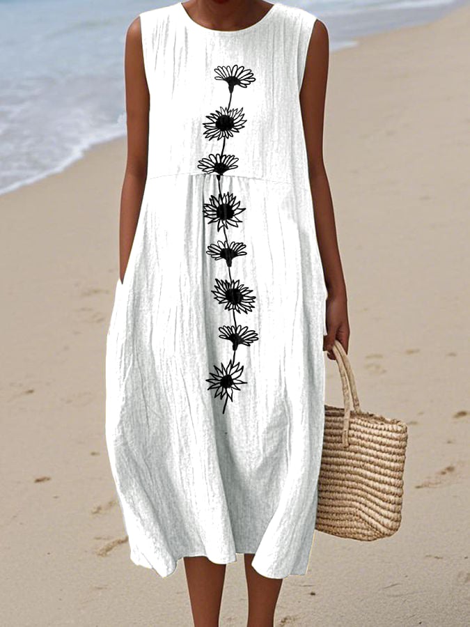 Aluna – Sleeveless White Linen Dress with Botanical Print