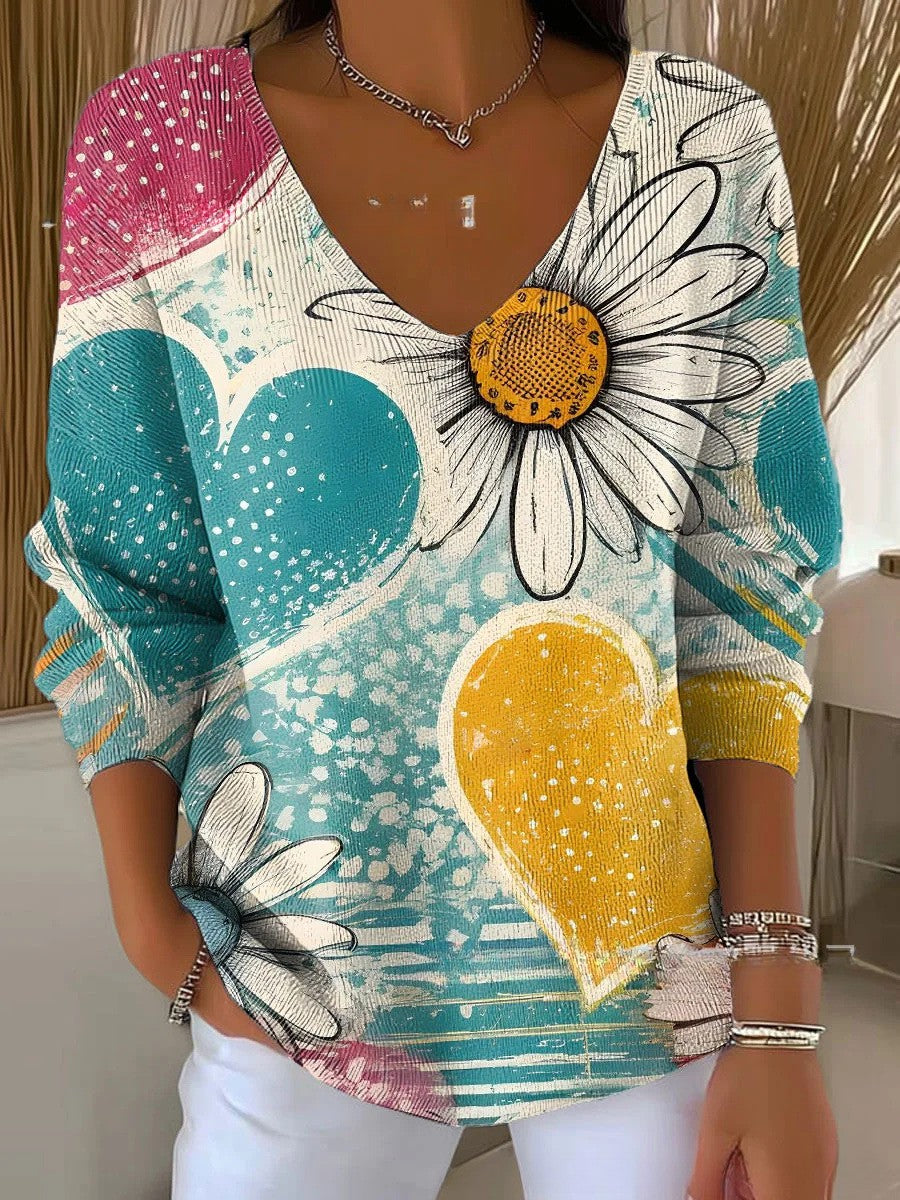 Alleandra – Heart & Daisy Print V-Neck Blouse for Women