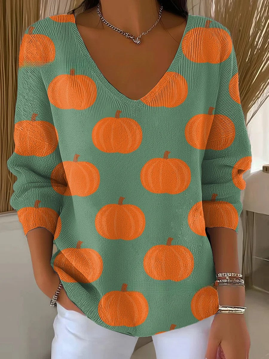 Autumn – Pumpkin Print V-Neck Blouse for Women