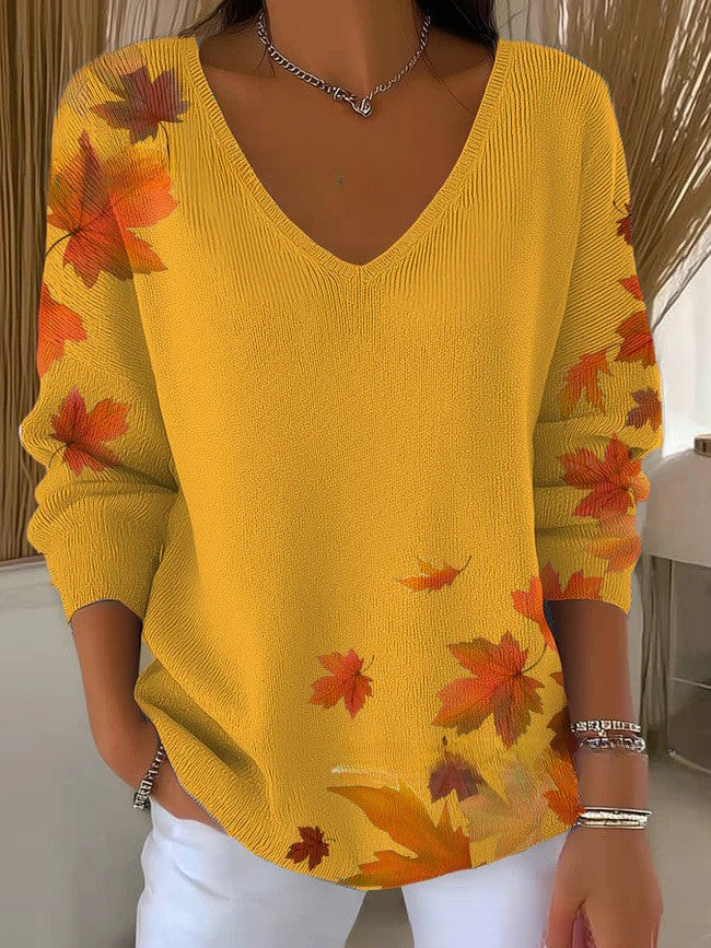 Aureline – Autumn Leaf Print V-Neck Blouse for Women