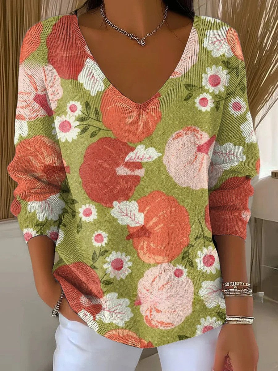 Asha – Pumpkin & Daisy Print V-Neck Blouse for Women