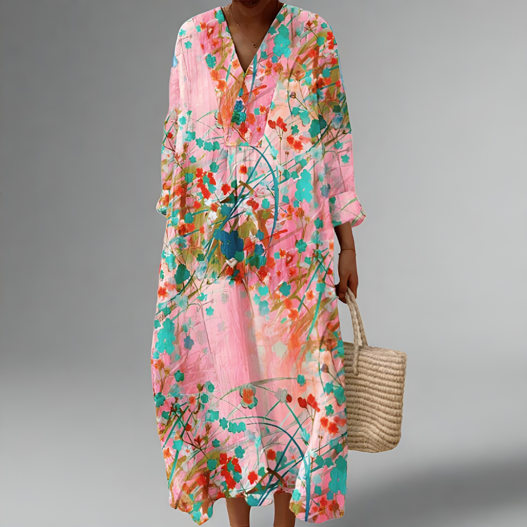 Elanora – Watercolor Blossom Midi Dress for Women