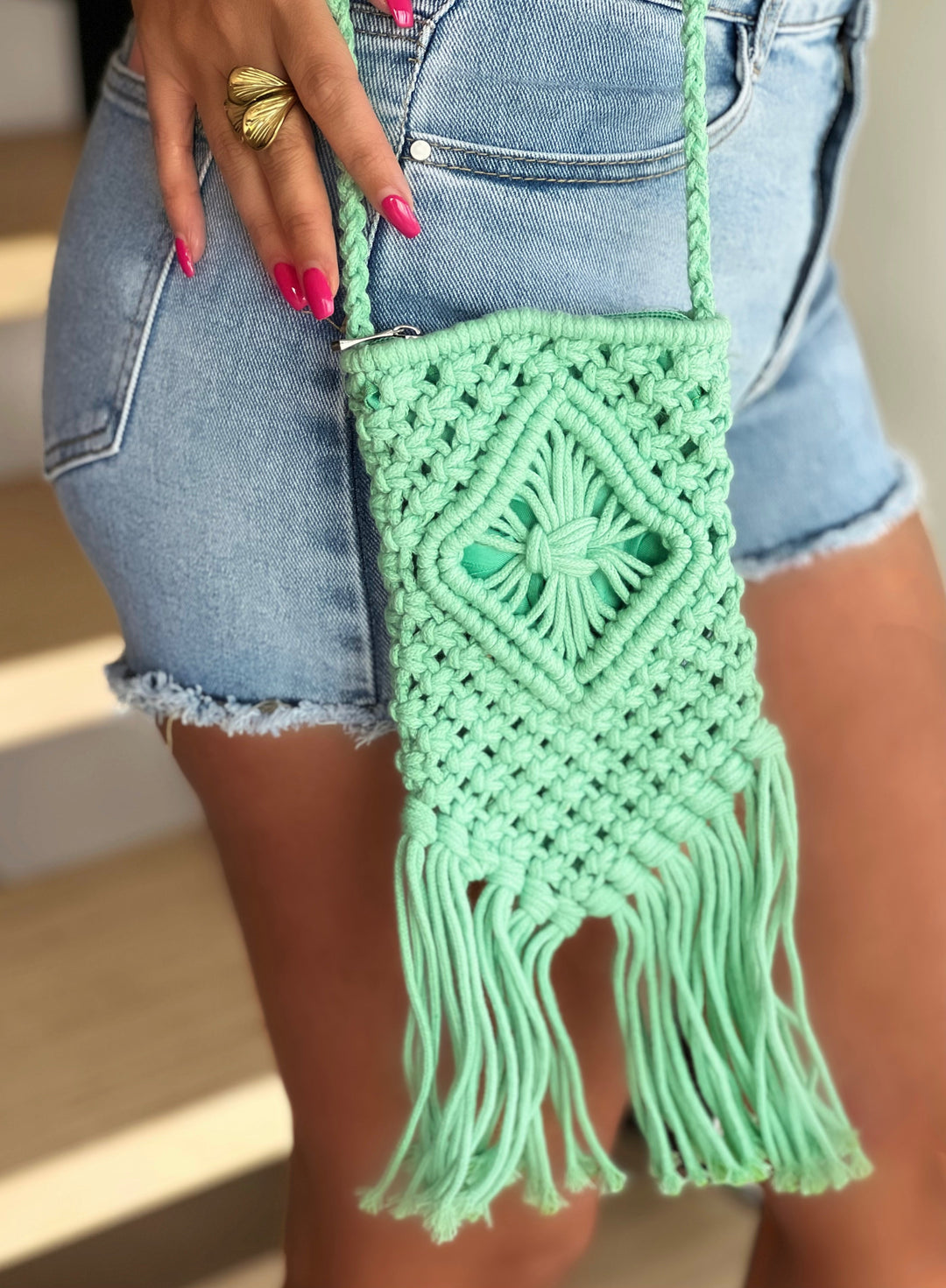 Charna – Mini Macramé Fringe Crossbody Green Bag