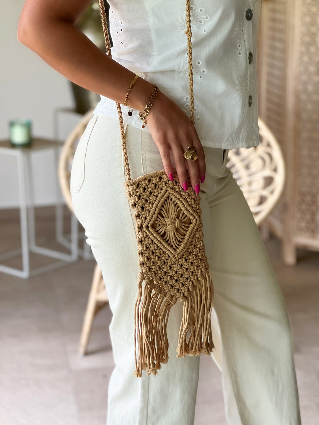 Charna – Mini Macramé Fringe Crossbody Camel Bag