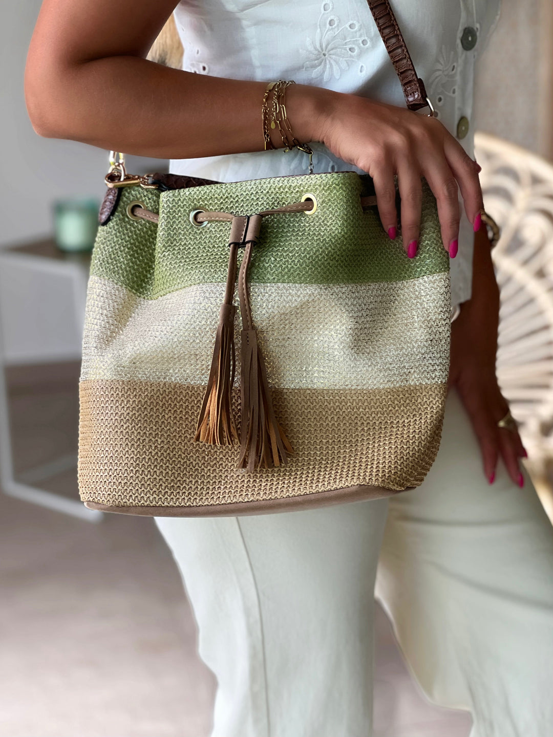 Angharad – Woven Tassel Shoulder Green Bag