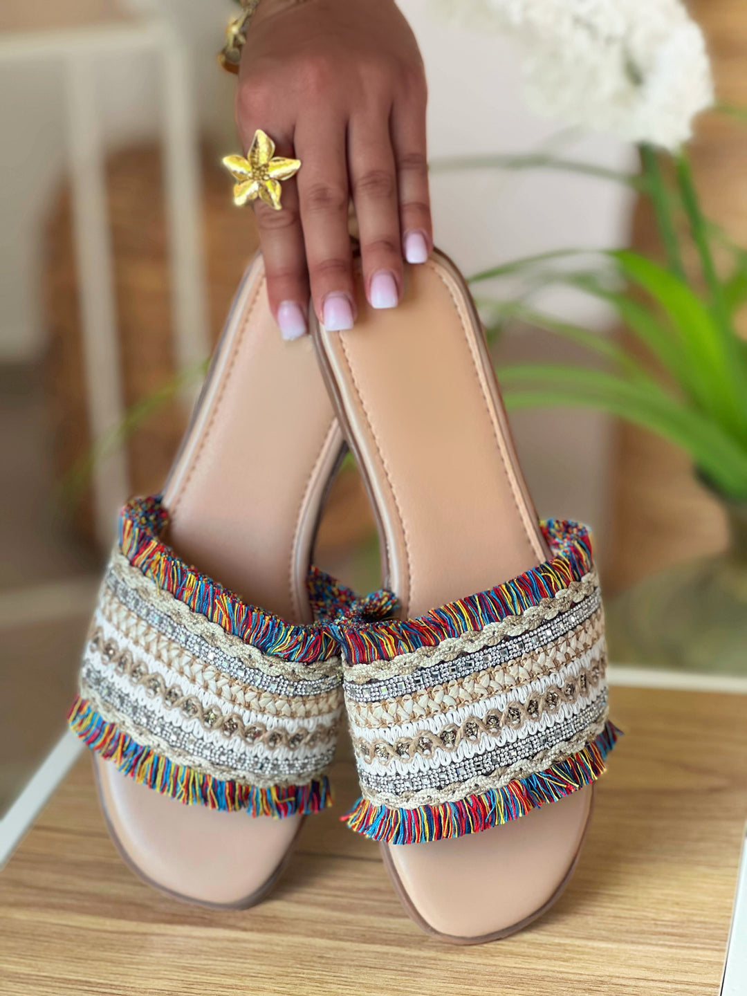 Soltara – Multicolor Fringe Woven Slide Sandals for Women