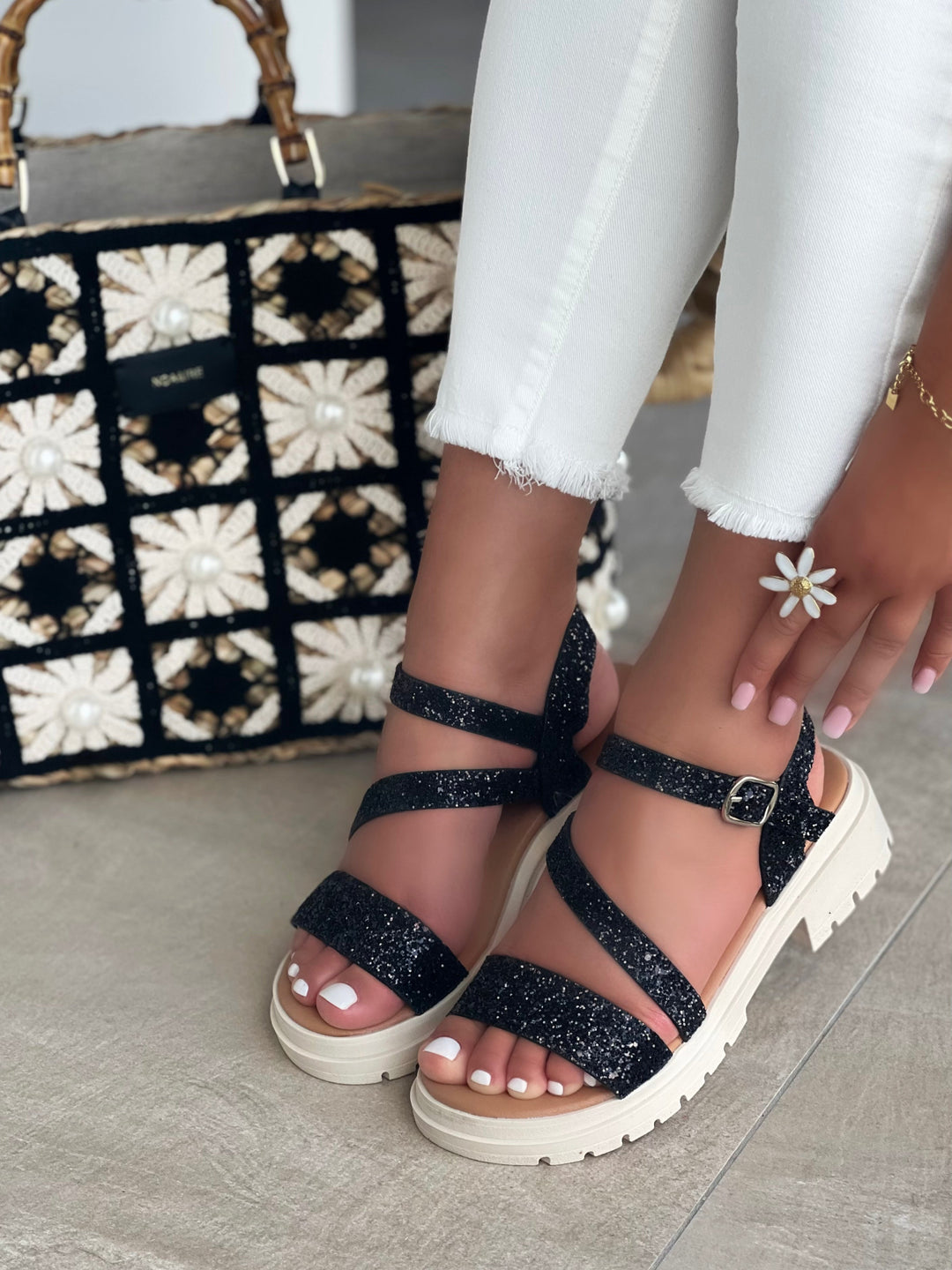 Velantra – Black Glitter Strap Chunky Sole Sandals for Women