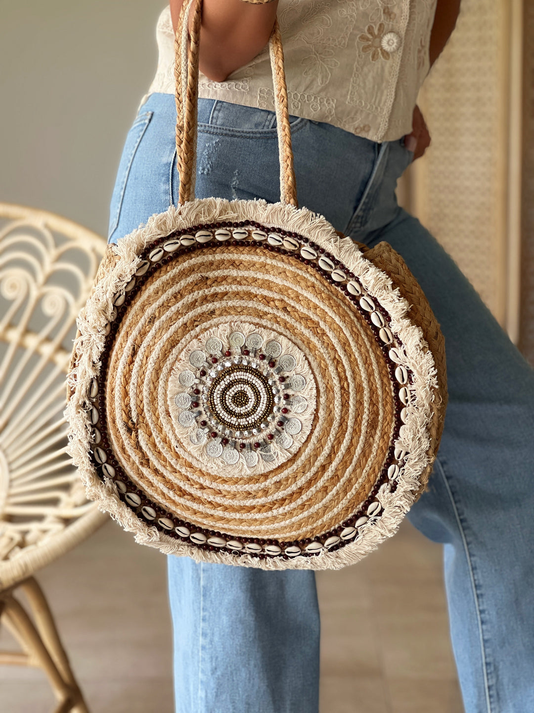 Miraveli – Round Boho Shell Embellished Beige Handbag for Women