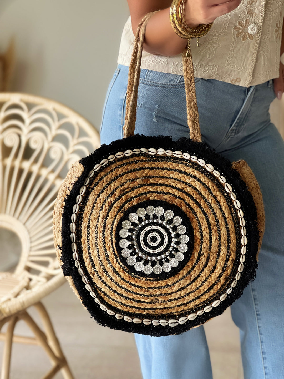 Miraveli – Round Boho Shell Embellished Black Handbag for Women