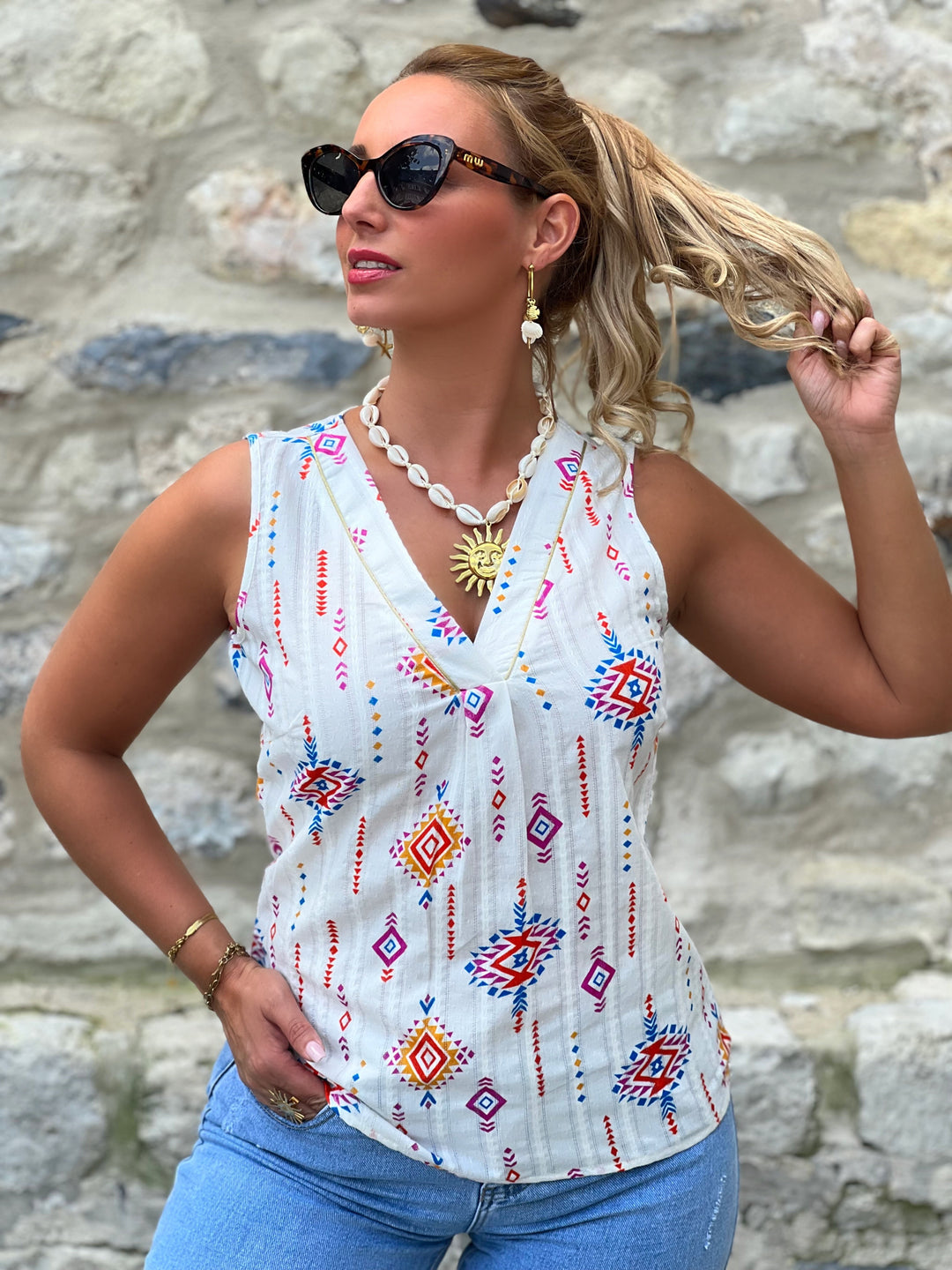 Azmira – Sleeveless Geo-Print V-Neck Top Orange for Women