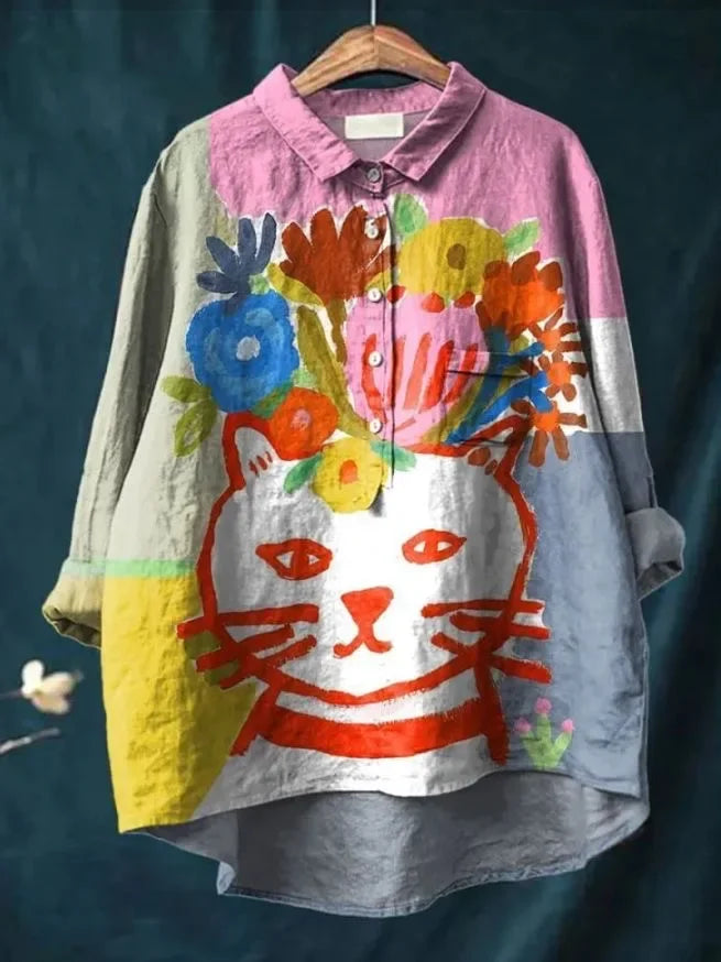Felula – Floral Cat Portrait Shirt for Women