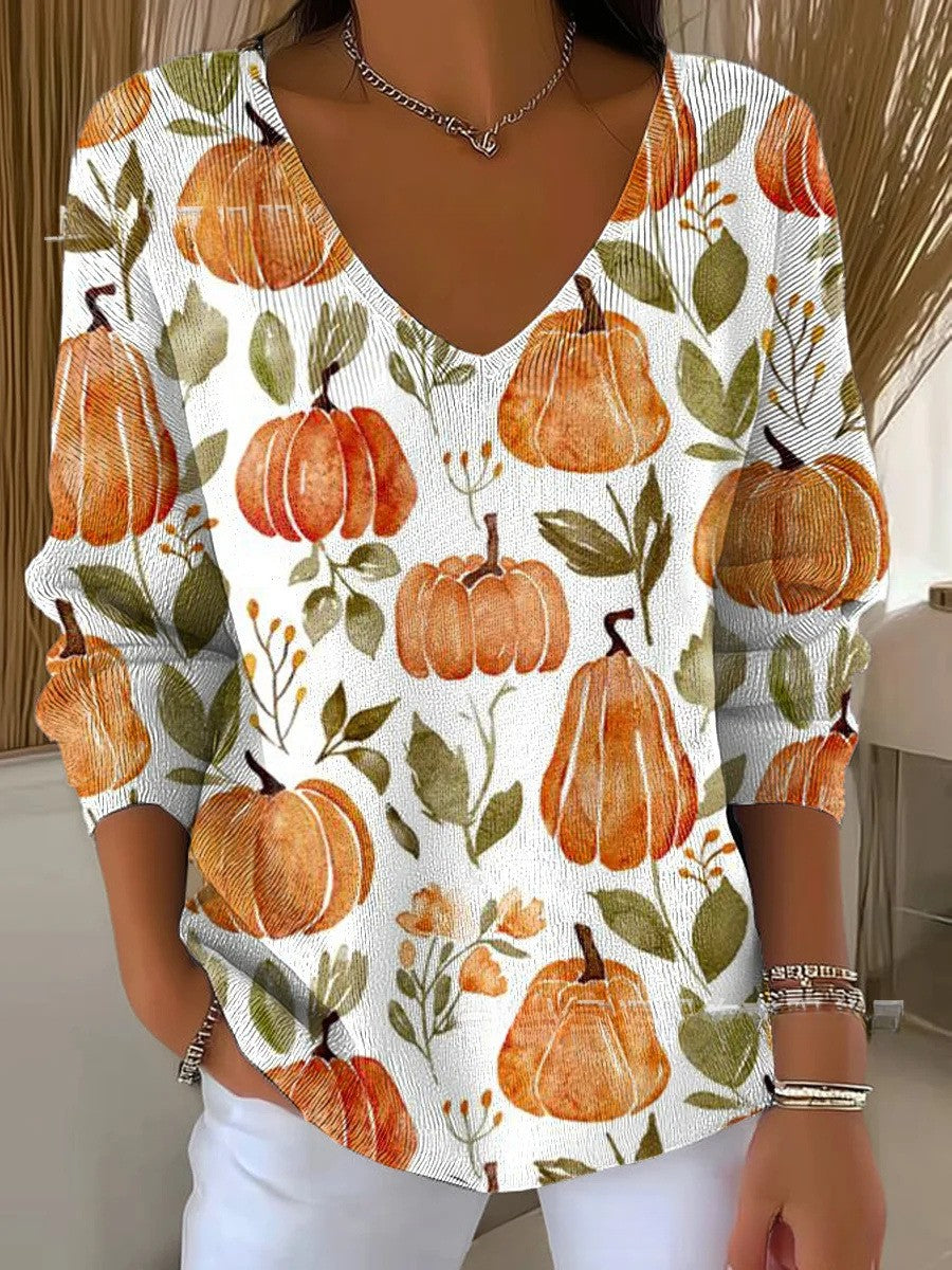 Cathy – Pumpkin Print V-Neck Blouse for Women