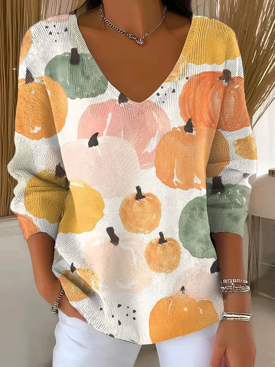 Eloria – Pumpkin Print V-Neck Blouse for Women