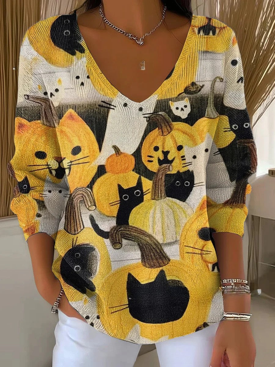 Fiorina – Cat & Pumpkin Print V-Neck Blouse for Women