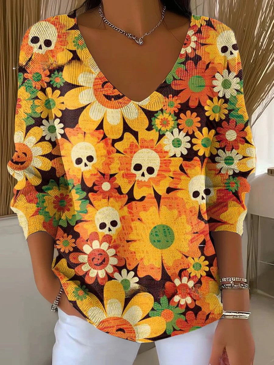 Arizona – Skull & Floral Print V-Neck Blouse for Women