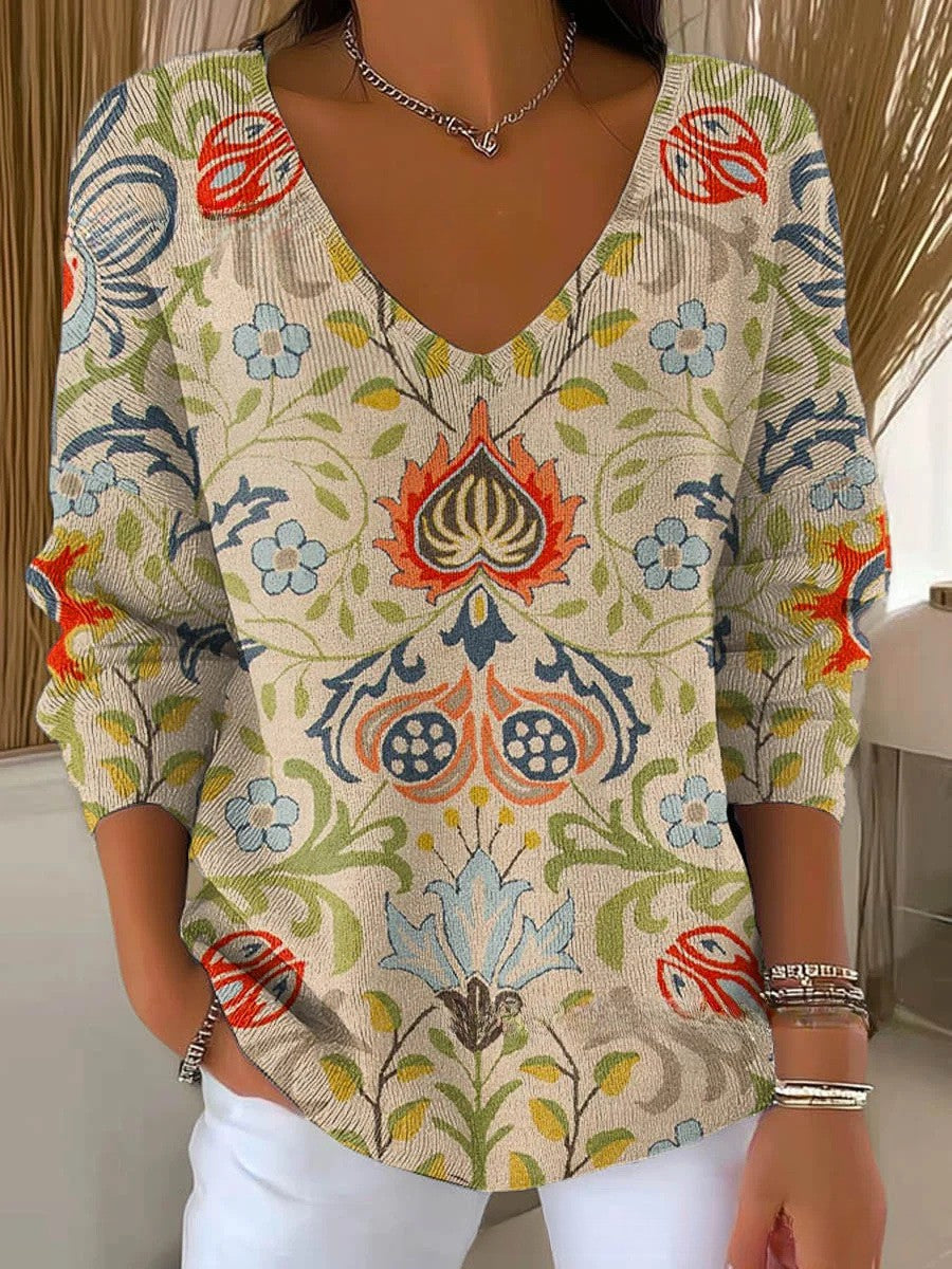 April – Bohemian Print V-Neck Blouse for Women