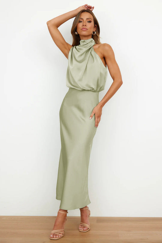 Selvanna – Satin Halter Neck Midi Dress for Women