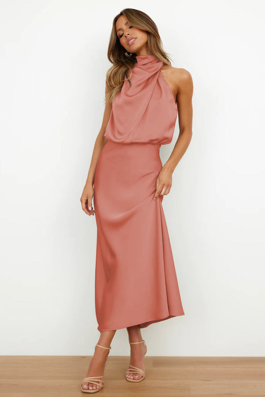 Selvanna – Satin Halter Neck Midi Dress for Women