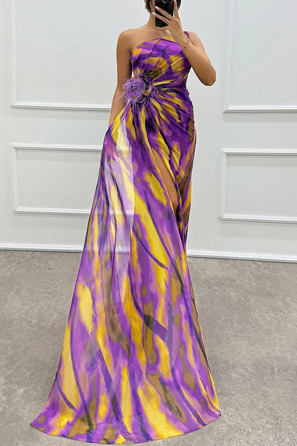 Maravelle – Strapless Abstract Chiffon Gown for Women