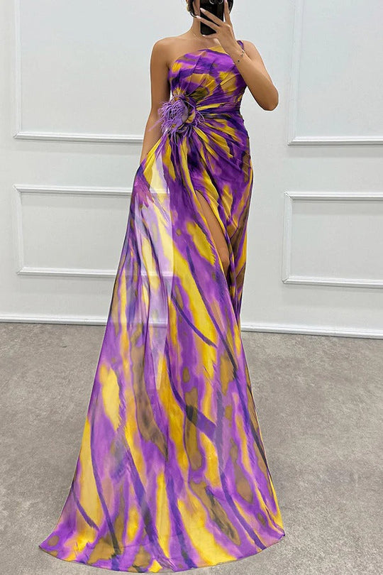Maravelle – Strapless Abstract Chiffon Gown for Women