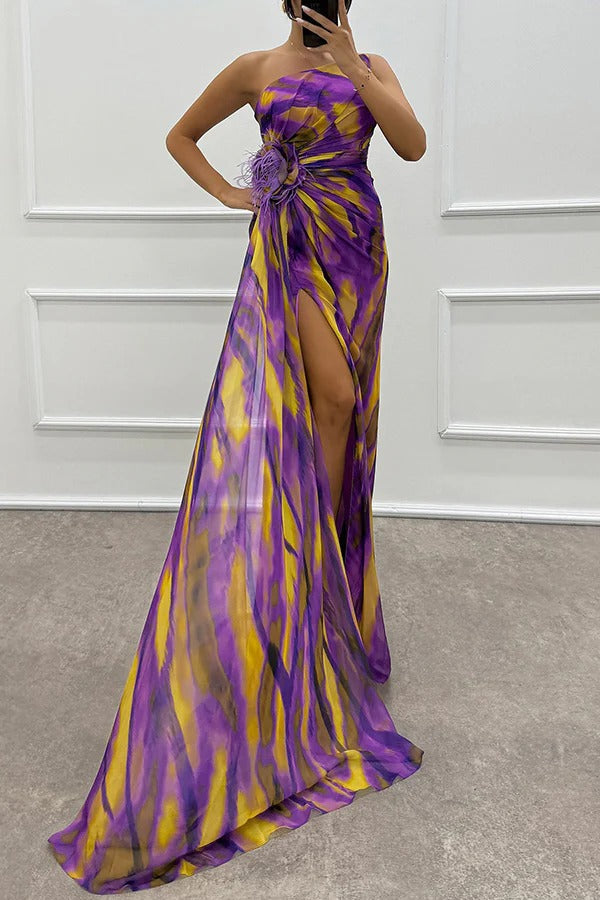 Maravelle – Strapless Abstract Chiffon Gown for Women