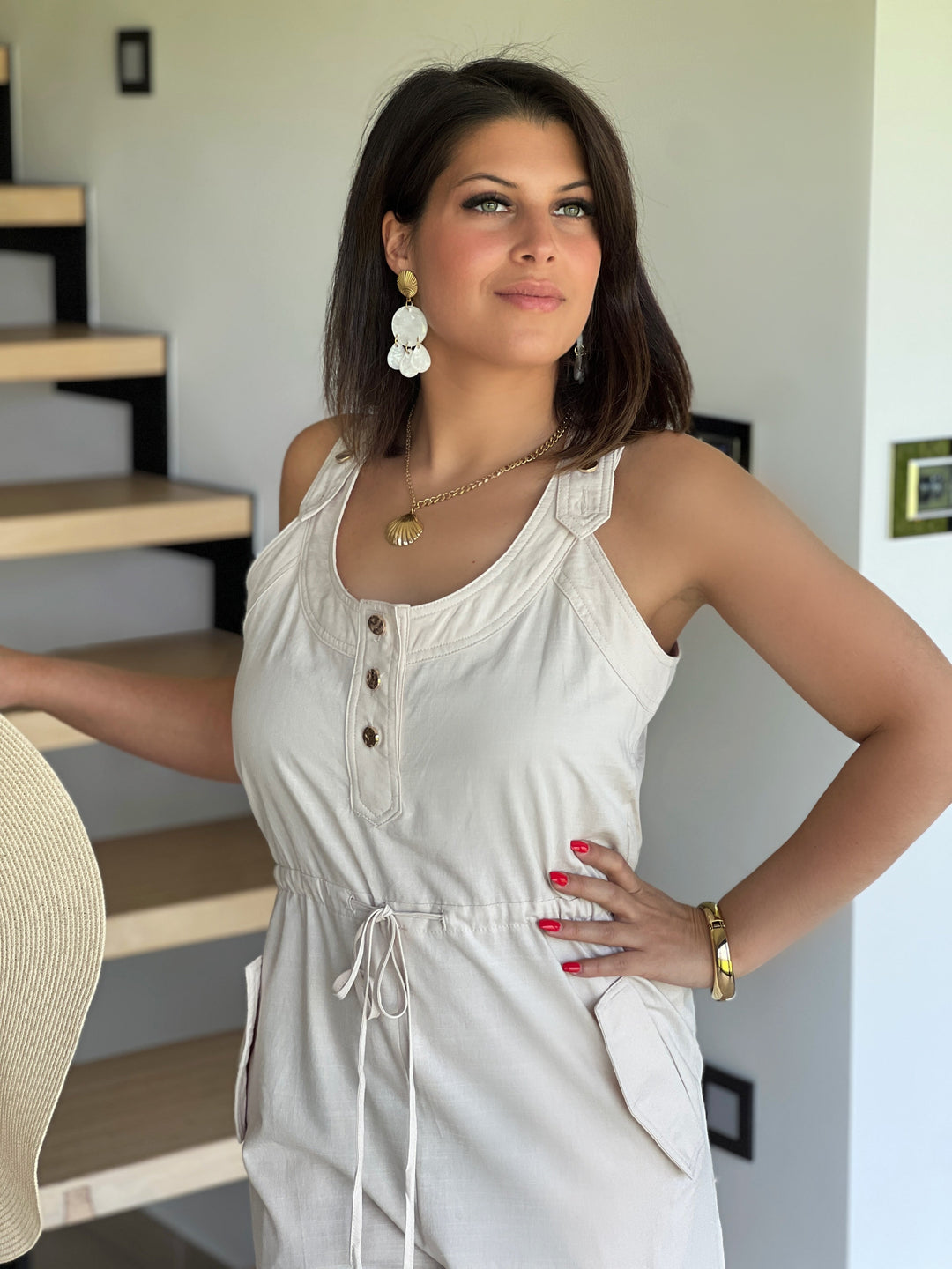 Luminae – Button-Front Summer Beige Jumpsuit for Women