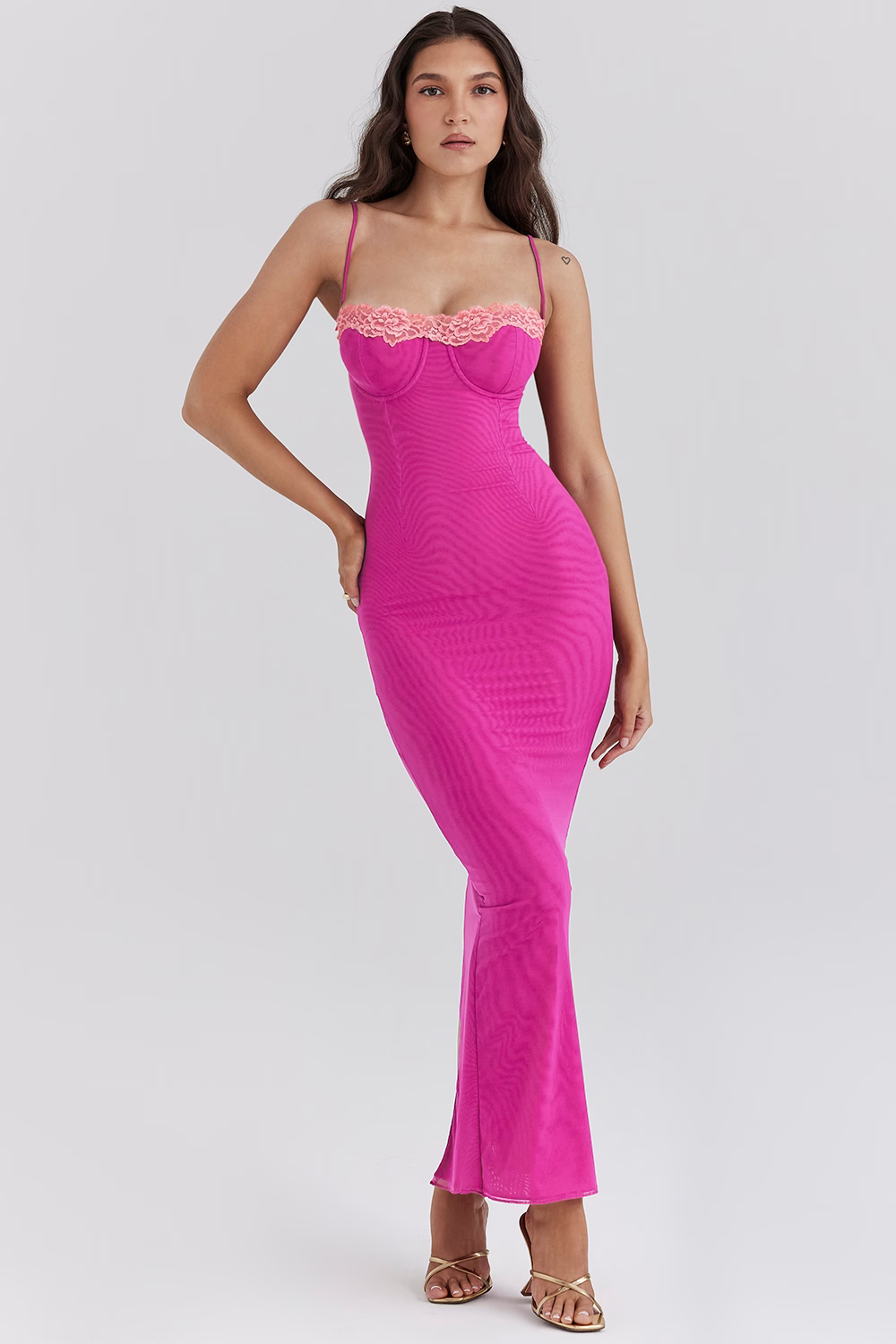Soleina – Two-Tone Lace Trim Midi Dress