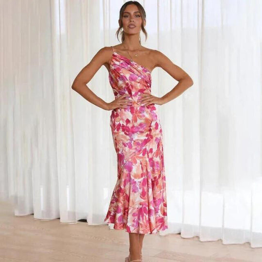 Seravina – One-Shoulder Satin Floral Midi Dress for Women