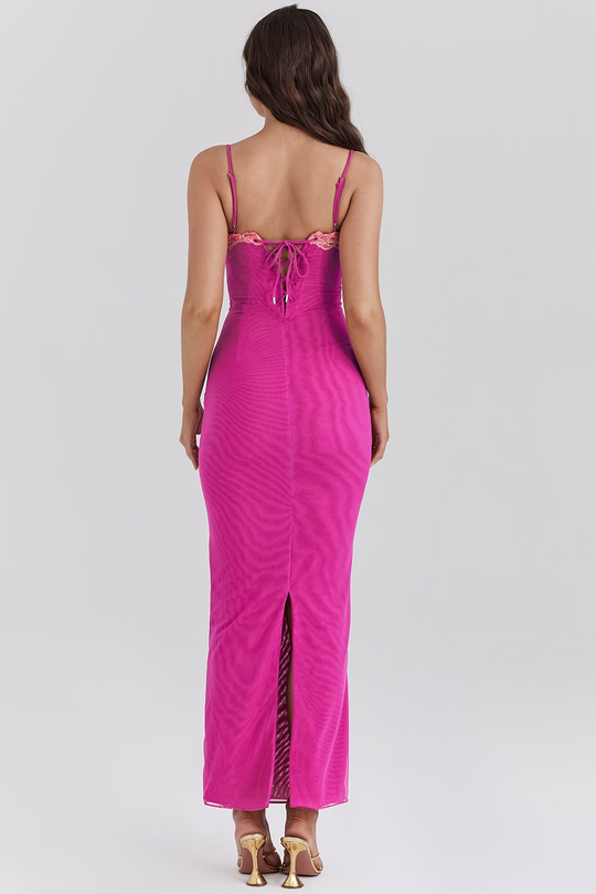 Soleina – Two-Tone Lace Trim Midi Dress