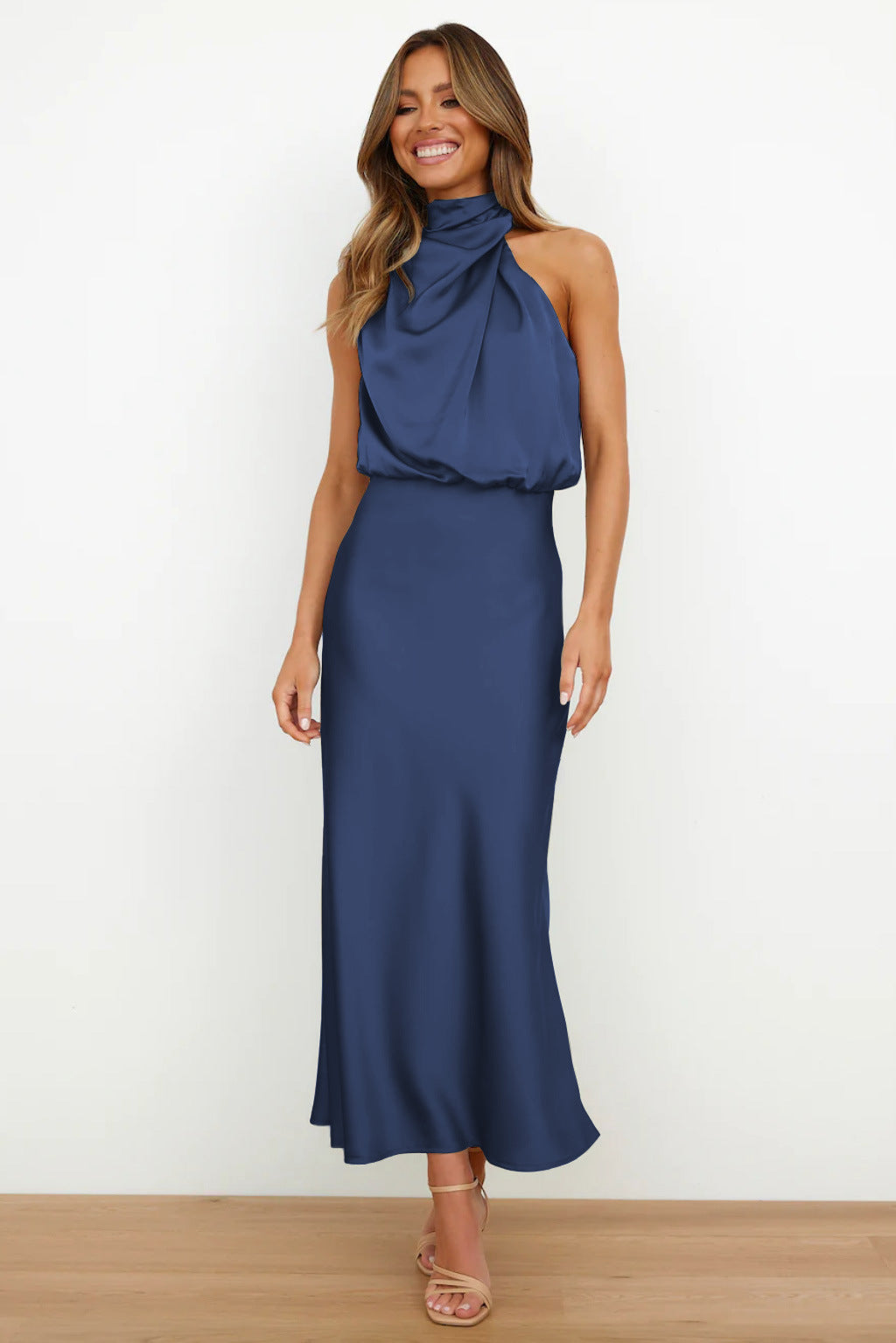 Selvanna – Satin Halter Neck Midi Dress for Women