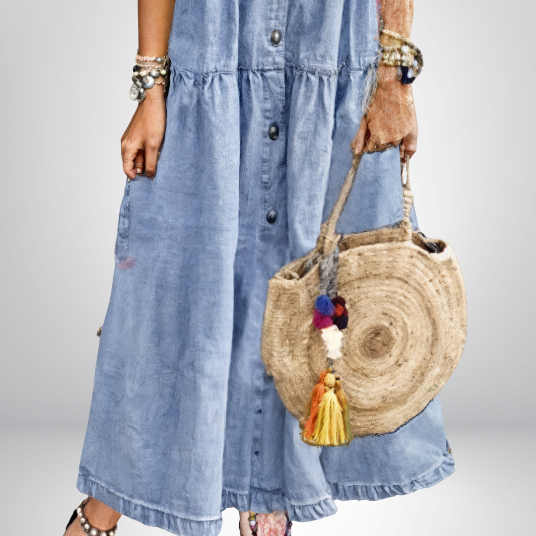 Maravelle – Tiered Button-Down Denim Maxi Dress for Women