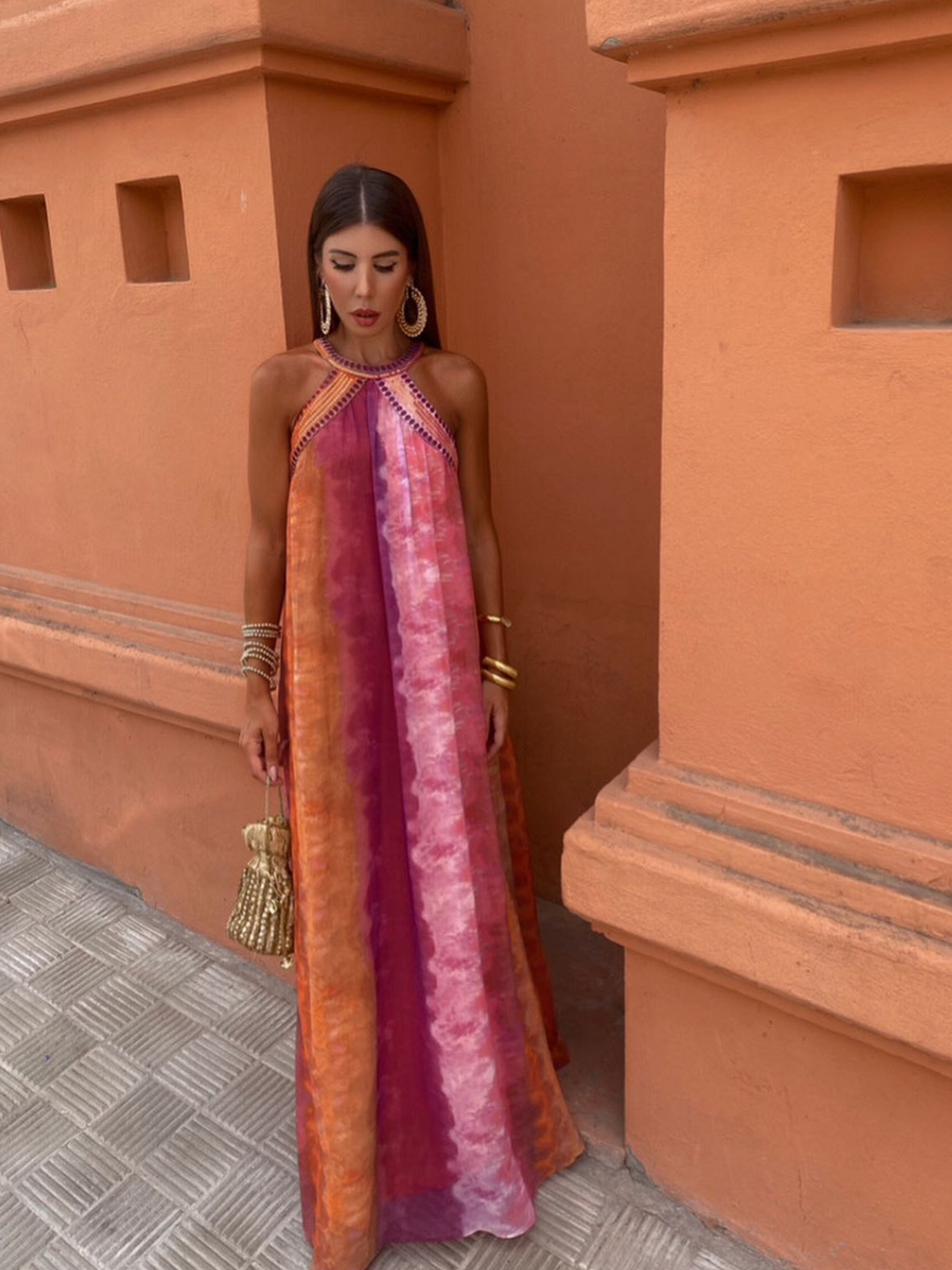 Serelina – Watercolor Halter Backless Maxi Dress for Women