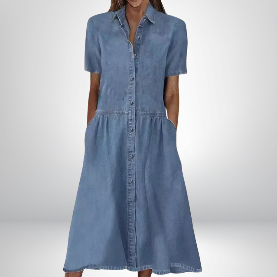 Aldona – Short Sleeve Button-Front Denim Midi Dress for Women