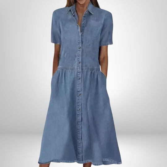 Aldona – Short Sleeve Button-Front Denim Midi Dress for Women