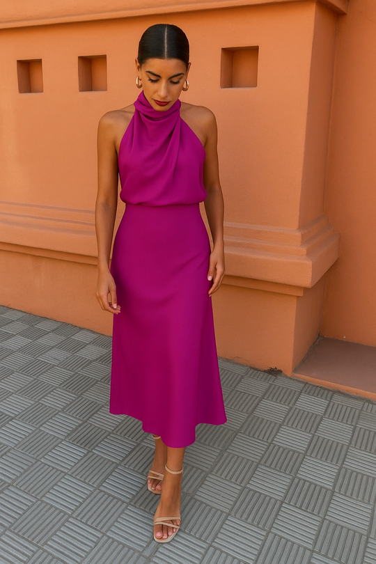 Selvanna – Satin Halter Neck Midi Dress for Women