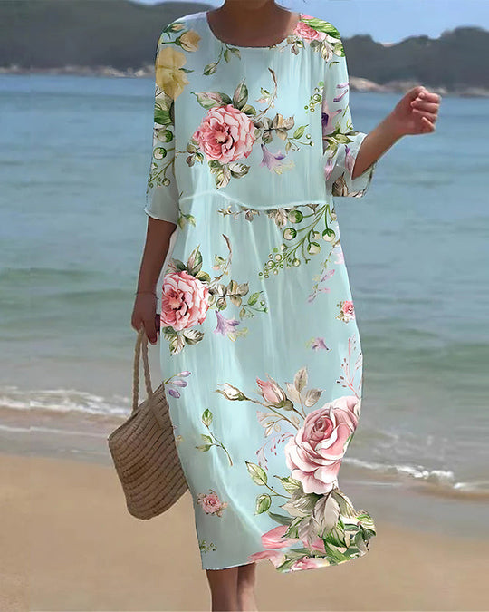 Florvienne – Pastel Floral Chiffon Midi Dress for Women