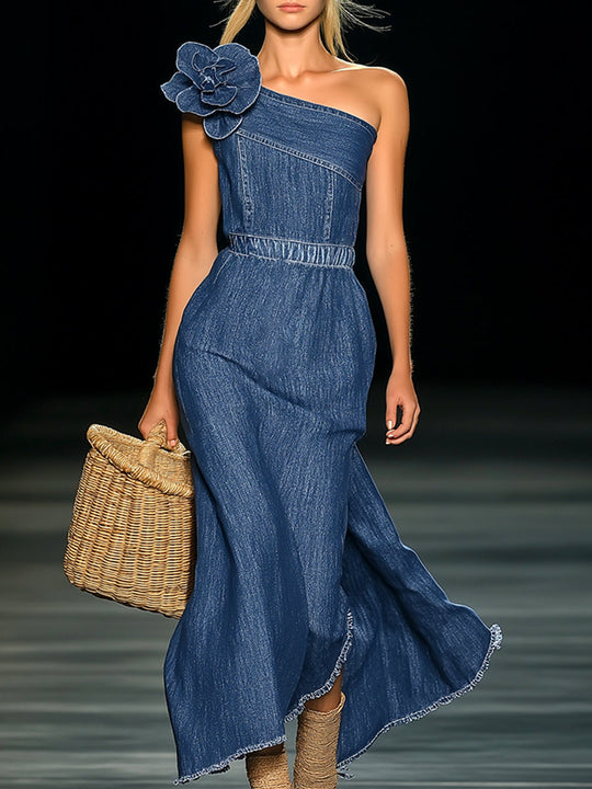 Flynn – One-Shoulder Denim Maxi Dress