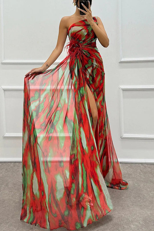 Maravelle – Strapless Abstract Chiffon Gown for Women