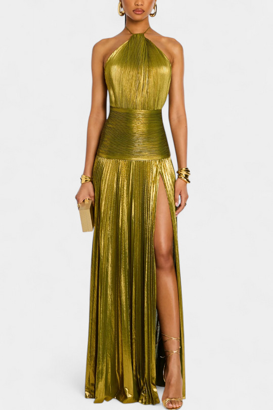 Celina – Metallic Pleated Halter Gown for Women