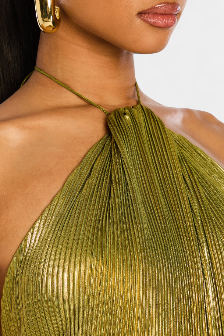 Celina – Metallic Pleated Halter Gown for Women
