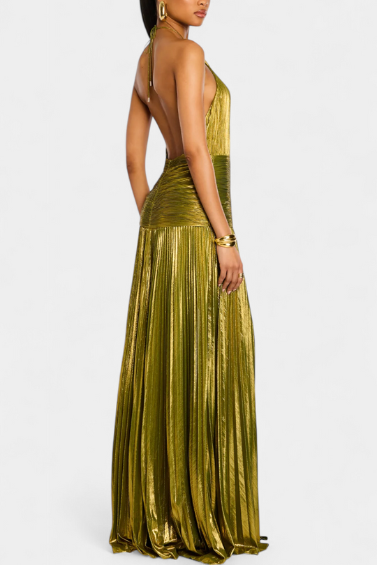 Celina – Metallic Pleated Halter Gown for Women