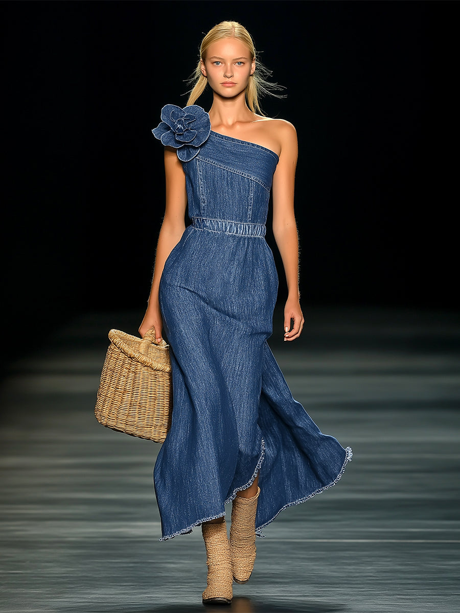 Flynn – One-Shoulder Denim Maxi Dress