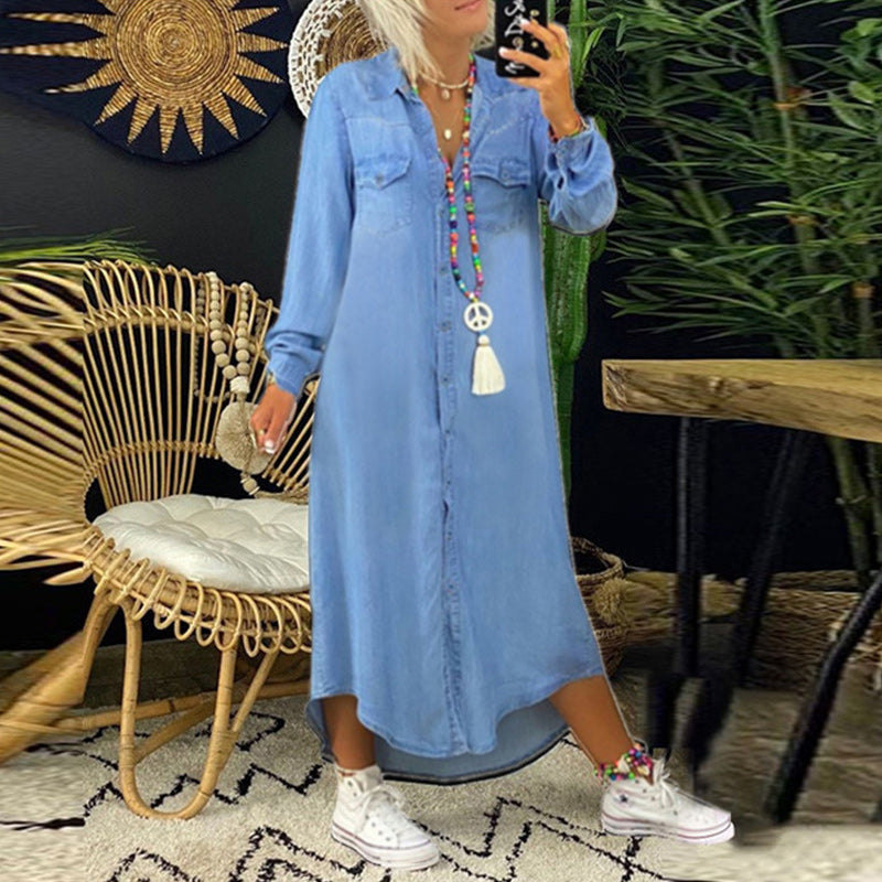 Lunessy – Relaxed Button-Front Denim Shirt Dress for Women