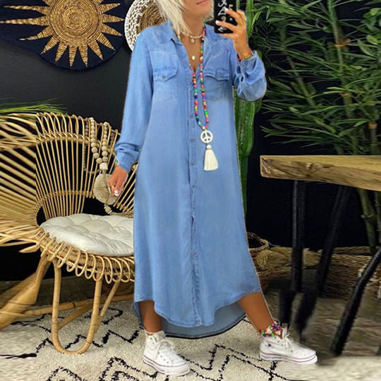 Lunessy – Relaxed Button-Front Denim Shirt Dress for Women