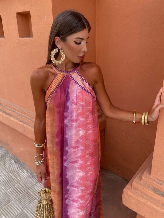 Serelina – Watercolor Halter Backless Maxi Dress for Women