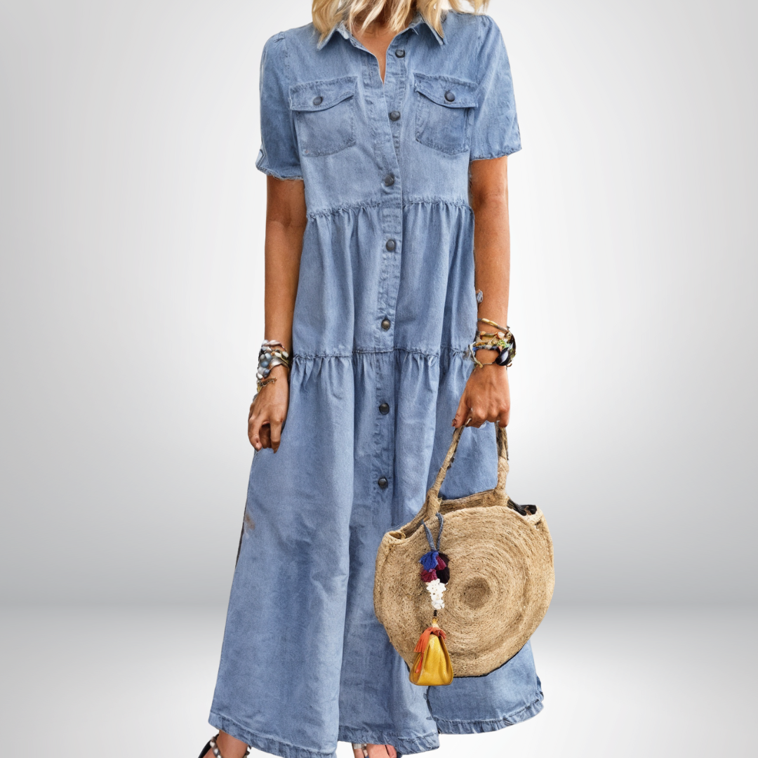 Maravelle – Tiered Button-Down Denim Maxi Dress for Women