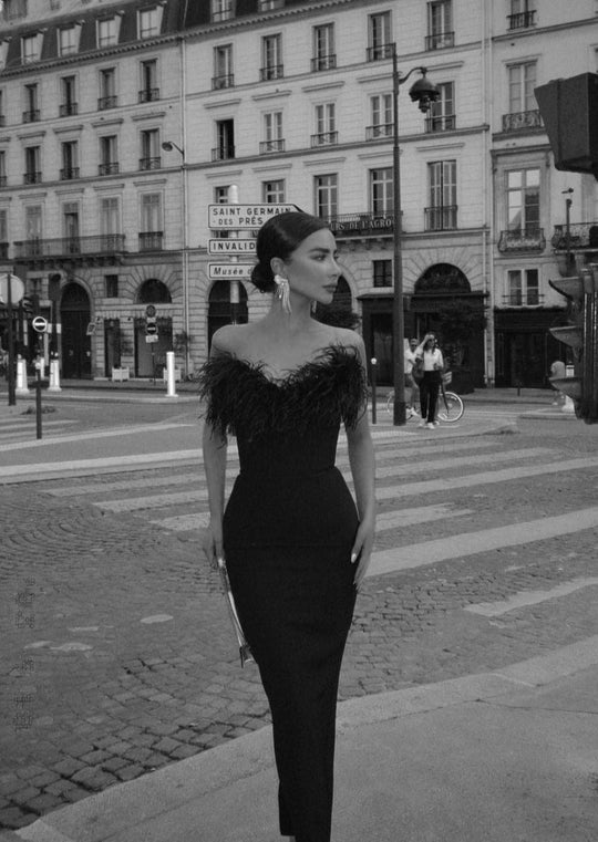 Fjolla – Feathered Elegance Strapless Gown