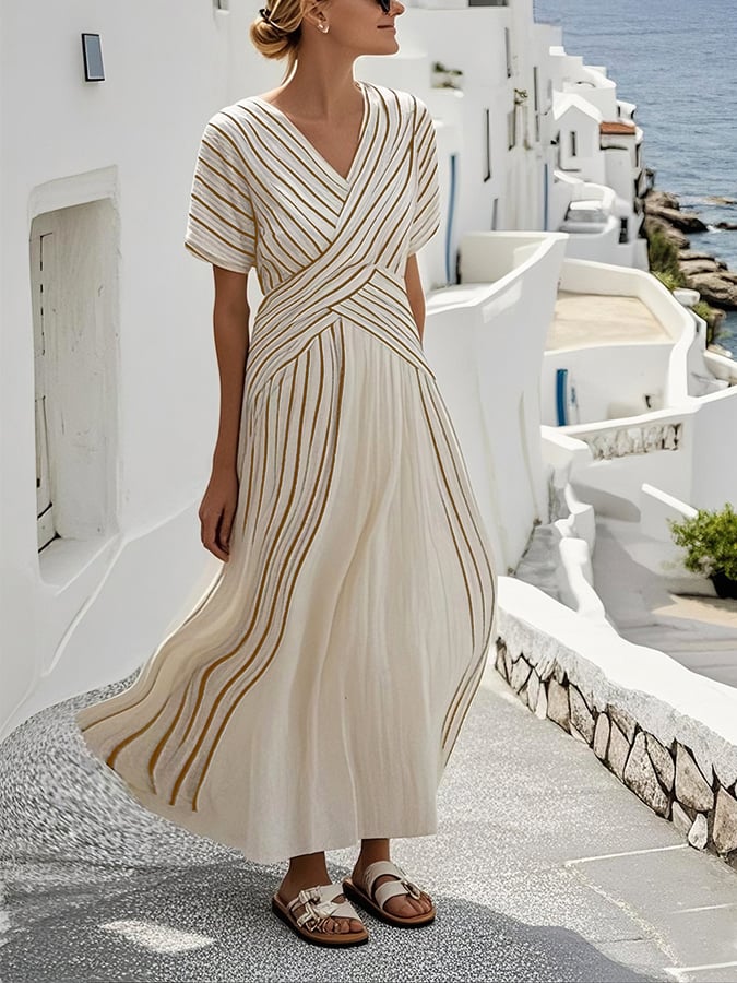 Kanerva – Linen Stripe Crossover Dress for Women