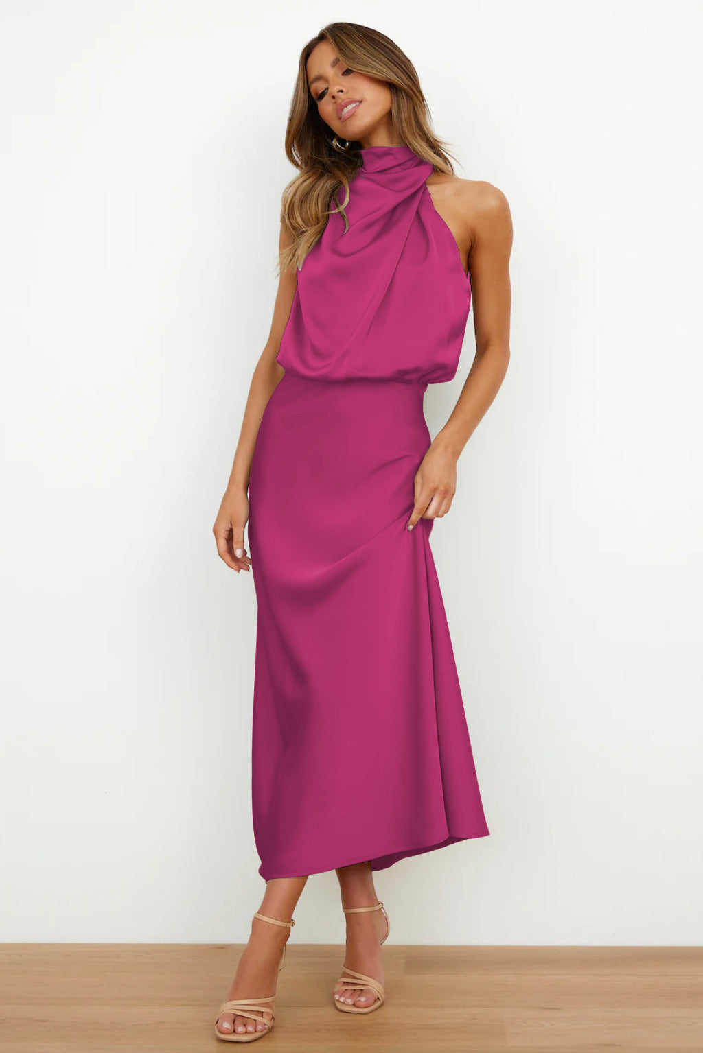 Selvanna – Satin Halter Neck Midi Dress for Women